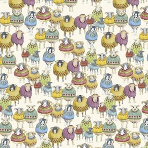 May include: A repeating pattern on a cream background featuring watercolor-style sheep wearing colorful, patterned sweaters in shades of yellow, purple, blue, green, and red. Each sheep is depicted in a standing position with distinct wool textures.
