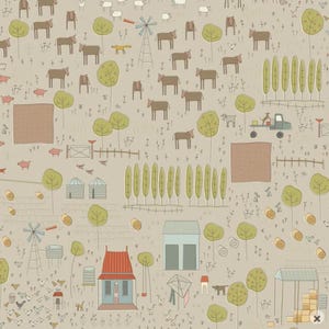 May include: A beige fabric featuring a repeating farm scene pattern with brown donkeys, green trees, windmills, hay bales, a red-roofed house, farm buildings, and small animals including pigs, chickens, and a fox, all rendered in a simple line-art style.