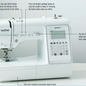 May include: A white Brother Innovis sewing machine with a digital display and control buttons. The machine has a needle, presser foot, and a storage compartment. Text on the machine includes instructions for the lock stitch and needle up/down buttons.