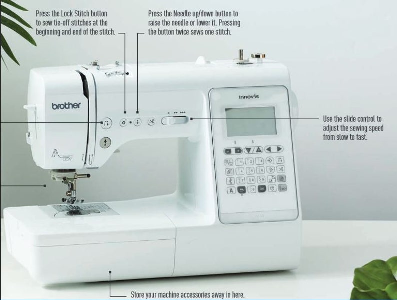 May include: A white Brother Innovis sewing machine with a digital display and control buttons. The machine has a needle, presser foot, and a storage compartment. Text on the machine includes instructions for the lock stitch and needle up/down buttons.