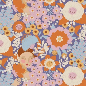 May include: A colourful floral pattern in orange, pink, blue, and white on a purple backdrop. The design features large stylised flowers, smaller blossoms, and a woman's face with closed eyes, creating a whimsical and artistic aesthetic.