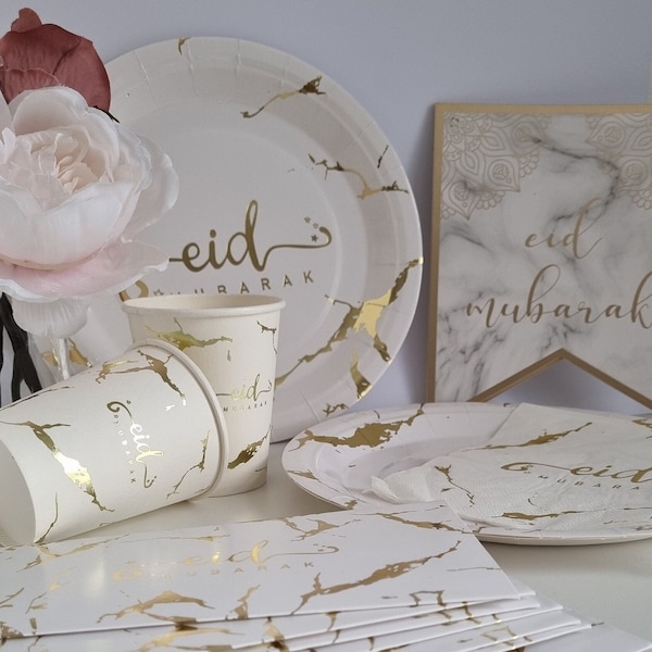 White and Gold Eid Party Disposable Eco-Friendly Party Plates and Cup Set, Eid Decor, Eid Tableware, Eid Ramadan Celebration