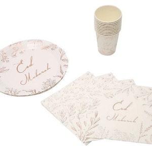 Rose Gold Eid Mubarak Party Tableware Set, Eid Party, Disposable Eid Plates, Party Cups, Napkins, Eco-Friendly Eid Tableware, Eid & Ramadan