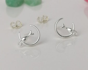 Silver Cat and Moon Plated Stud Earrings