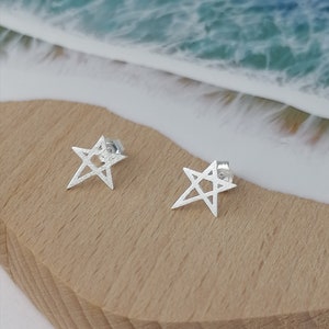 Brushed Silver Open Star Ear Studs / Silver Plated