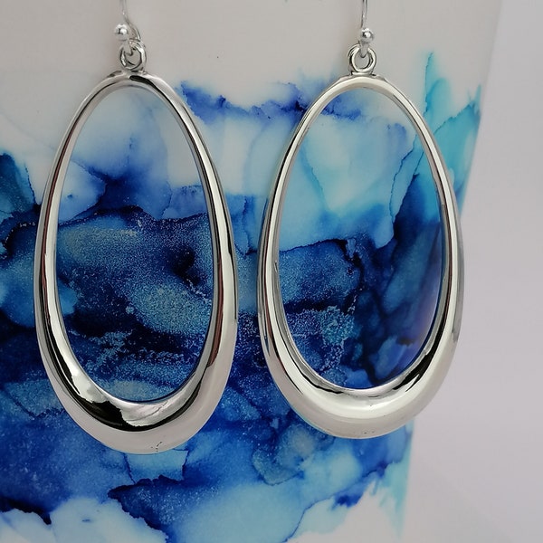 Sterling Silver Large Open Ovate/Oval Hoop Dangle Earrings