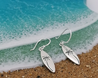Sterling Silver Oxidized Palm Tree Surfboard Hook Earrings