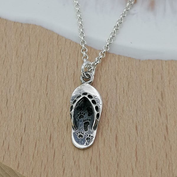 Sterling Silver Paw and Footprint Flip Flop Pendant, Engraved with "Always at Your Side". Thong Necklace ( Oxidised)
