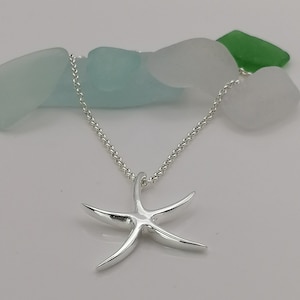 Peut inclure: Un collier en argent avec un pendentif en forme d'&eacute;toile de mer en argent. Le collier est pr&eacute;sent&eacute; sur du verre de mer.