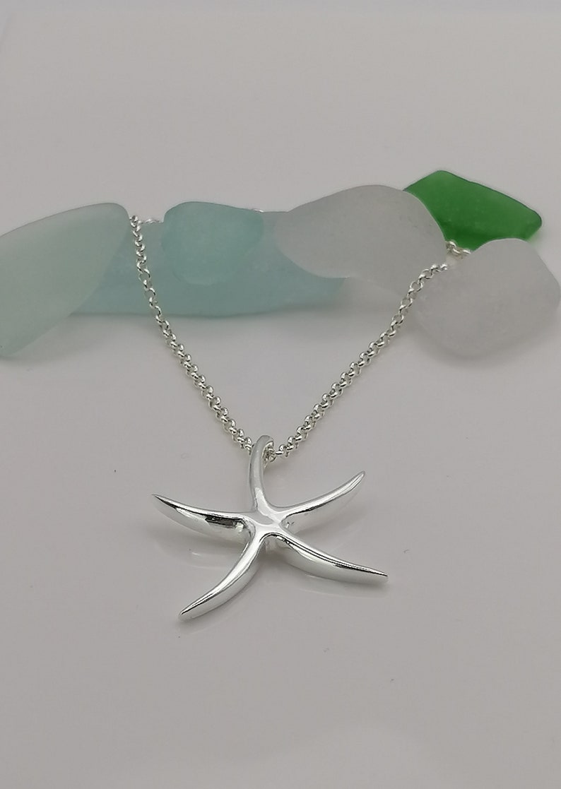 Peut inclure: Un collier en argent avec un pendentif en forme d'&eacute;toile de mer en argent. Le collier est pr&eacute;sent&eacute; sur du verre de mer.
