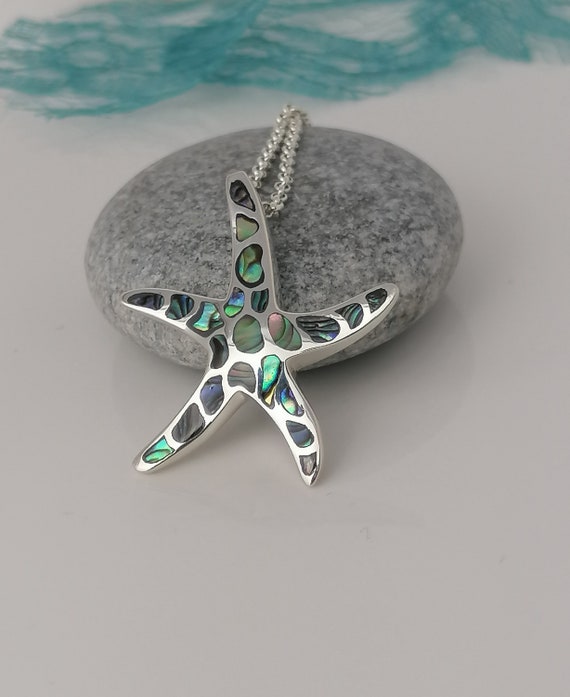 Ciondolo Stella Marina In Argento 925 Con Conchiglia Di Abalone Iridescente, Diametro 2 Cm, Regalo Per Subacquei