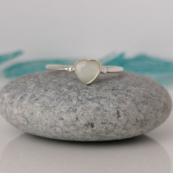 Delicate Heart Shaped Mother of Pearl Silver Ring / Stacking Ring