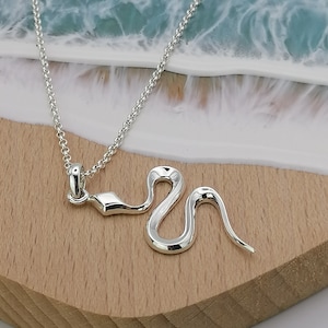 May include: A silver snake pendant necklace with a delicate chain. The snake is curled in an S shape and has a smooth, polished finish.
