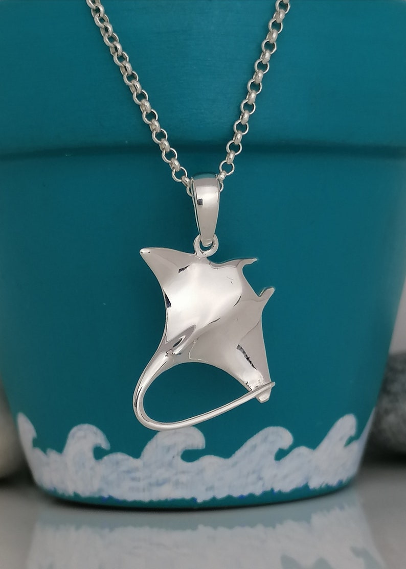 Pode incluir: Colar com pingente de prata com design de manta. O pingente polido pende de uma corrente fina. O fundo &eacute; uma superf&iacute;cie turquesa com detalhes de ondas brancas. Joalharia.