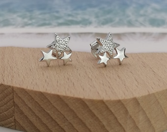 Sterling Silver 3 Star Stud Cluster Earrings Decorated with Cubic Zirconia Diamonds