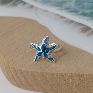 Sterling Silver Starfish Ring Decorated with Blue Opal