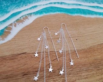 Sterling Silver Star Dangle Earrings, Cascading Stars on Layered Chains Threader Earrings
