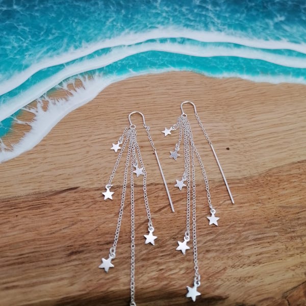 Sterling Silver Star Dangle Earrings, Cascading Stars on Layered Chains Threader Earrings