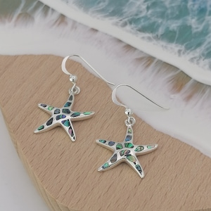 Sterling Silver Starfish Hook Earrings decorated with  Abalone Shell
