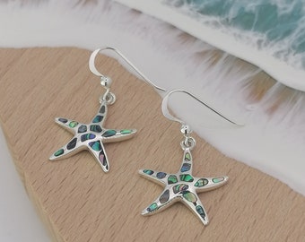 Sterling Silver Starfish Hook Earrings decorated with  Abalone Shell