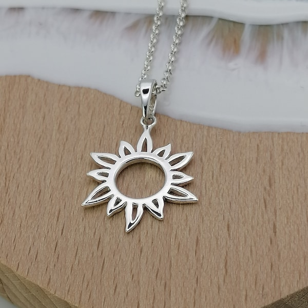 Beau collier soleil ouvert en argent sterling brillant, pendentif soleil ouvert en argent sterling