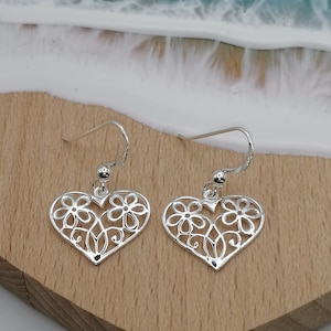 Sterling Silver Heart Flower Drop Earrings