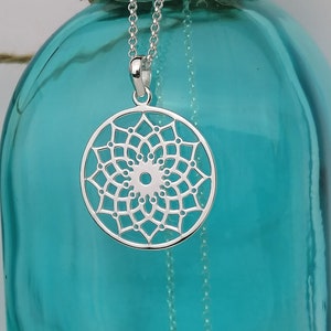 Sterling Silver Lotus Flower Mandala Pendant, Mandala Necklace