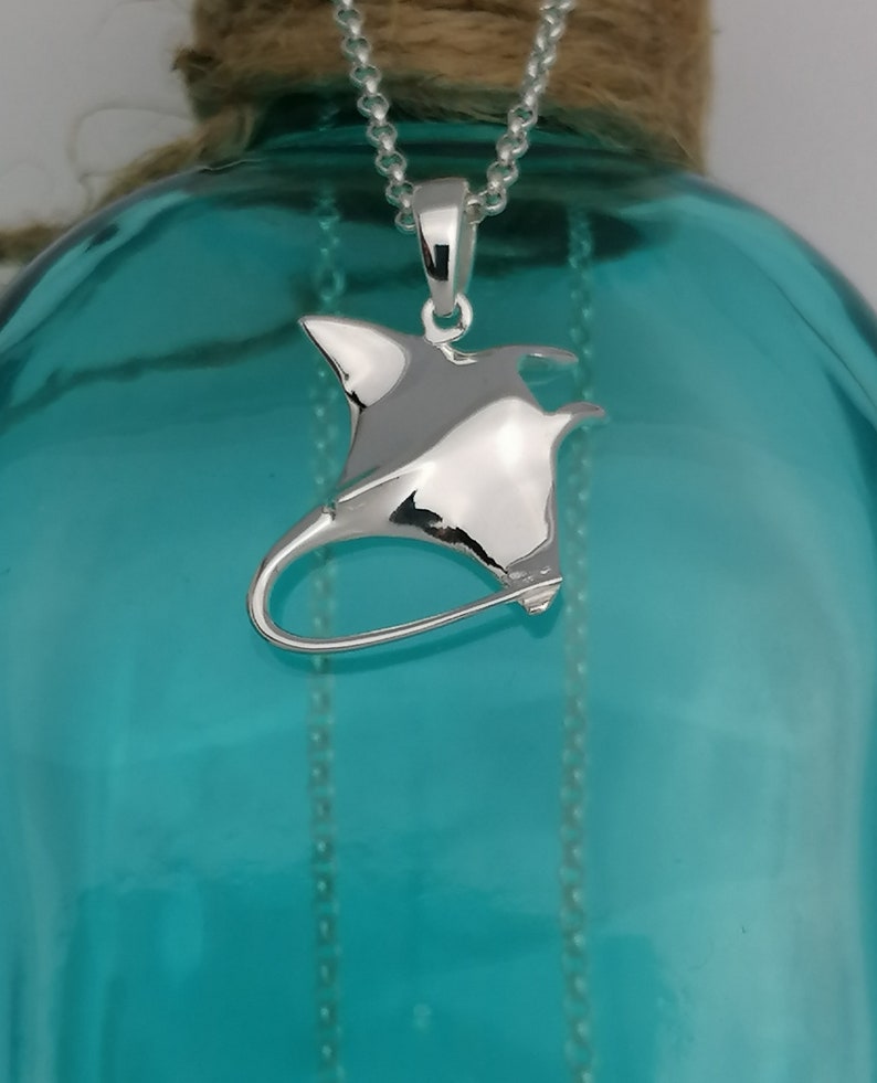 Pode incluir: Pingente de prata em forma de arraia manta, pendurado em uma corrente fina. O pingente polido reflete a luz, destacando-se em um fundo turquesa desfocado. A corrente tem um design delicado, real&ccedil;ando a eleg&acirc;ncia da pe&ccedil;a.