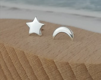 Mismatched Silver Crescent Moon and Star Earrings