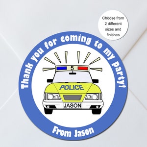 警察車両パーティーステッカー、緊急サービス、カスタムパーソナライズラベル、スイートコーン、パーティーバッグ、記念品、2サイズ、マットまたは光沢