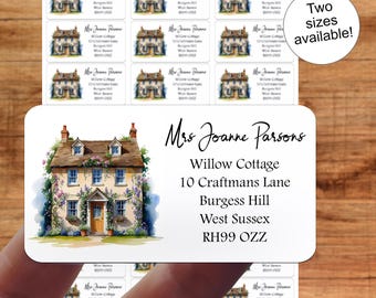 Adressetiketter för engelska stugor, hantverk, presenter i akvarell, personliga klistermärkesark