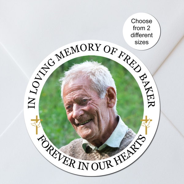 Dove/Cross Personalised In Loving Memory Photo Stickers, Funeral / Memorial / Remembrance, Order of Service, Cards, Gifts, Seed Packets