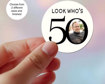 Fotostickers verjaardagsfeestje, aangepaste gepersonaliseerde labels, minimalistisch, 30,40,50,60,70,80,90