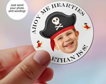 Fotostickers piratenfeest, zakjes verjaardagsfeestje, zoete kegels, gepersonaliseerd custom
