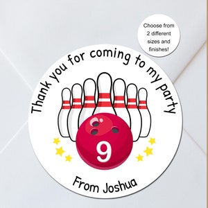 Stickers bowling 10 quilles, étiquettes personnalisées personnalisées, cornets sucrés, sacs de fête, cadeaux, merci, 2 tailles, mat ou brillant