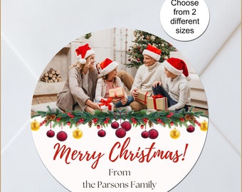 Kerstfotostickers: gepersonaliseerde, gepersonaliseerde feestelijke kaartzegels