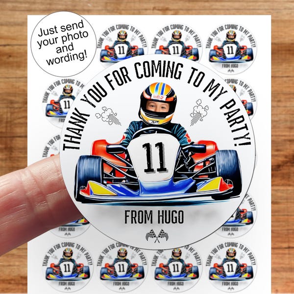 Go Kart Photo Stickers, Birthday Party Sweet Bag Sticker Pack, Custom Personalised