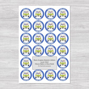 May include: Sheet of stickers featuring a yellow police car illustration within a blue circle. Each sticker has the text "Today I met a Police Officer". The sheet contains 24 stickers, each 45mm in diameter.