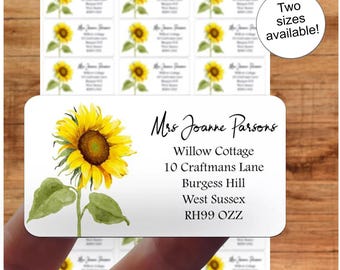 Adressetiketter med solrosmotiv, hantverk, presenter i akvarell, personliga klistermärkesark