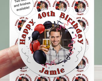 Gepersonaliseerde fotostickers voor verjaardagsfeestjes, voor elke leeftijd, set met bedankjes en labels.
