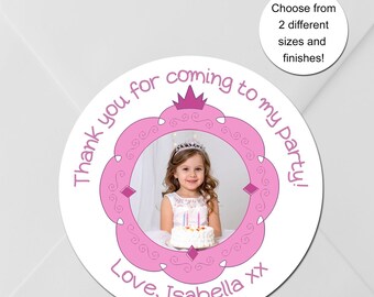 Fotostickers verjaardagsfeestje prinses: aangepaste gepersonaliseerde labels voor feesttassen