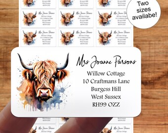Highland Kuh Adressaufkleber, Kunsthandwerk, Aquarell Geschenk, benutzerdefinierte personalisierte Aufkleberblätter