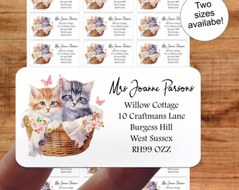 Kittens in Basket Vintage Address Labels, Handmade Crafts, Watercolour Gift, Custom Personalised Sticker Sheets
