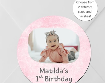 Fotostickers: verjaardagsfeestje jongen of meisje, gepersonaliseerde bedanklabels