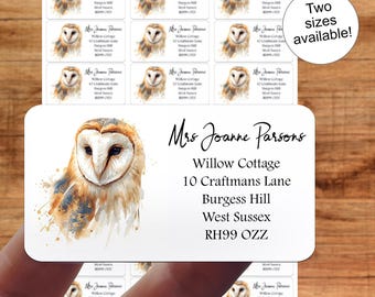 Adressetiketter med tornuggla, hantverk, presenter i akvarell, personliga klistermärkesark