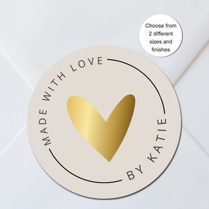 Adesivi con cuore dorato realizzati con amore, adesivi fatti a mano, etichette realizzate con amore, adesivi artigianali, opachi o lucidi, 2 misure