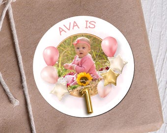 Verjaardagsfotostickers: roze ballonnen, feestzakje, stickers snoephoorntje, gepersonaliseerd
