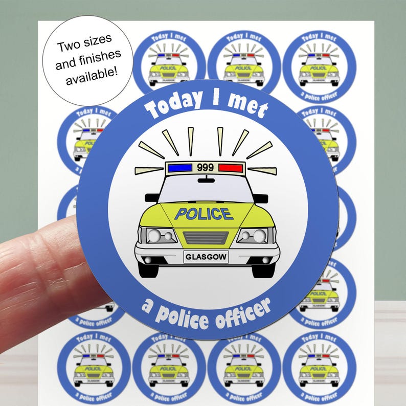 May include: Sheet of stickers featuring a yellow police car with the word "POLICE" and the text "Today I met a police officer." The stickers have a blue border and the text "Two sizes and finishes available!"