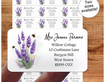 Adressetiketter med lavendel och humlor, hantverk, presenter i akvarell, personliga klistermärkesark