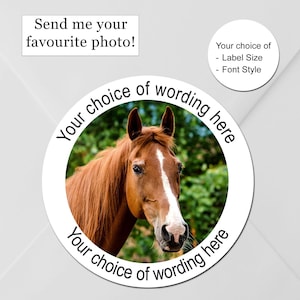 Glossy Photo Stickers Equestrian, Horse, Pony, Personalised Labels, Circular, Party Stickers, Own picture, Party Bags, Favours, Sweet Cones